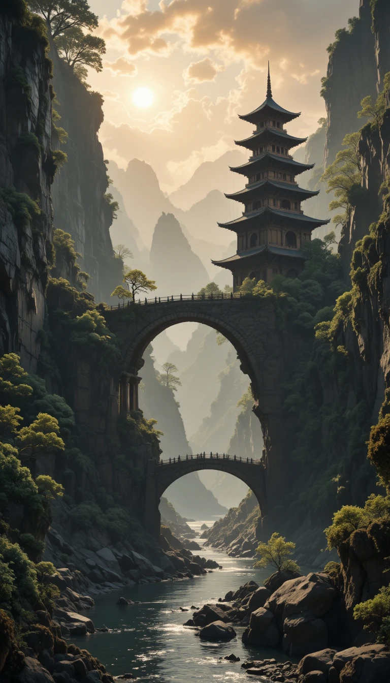 Ancienne pagode sur une falaise moussue dominant une gorge spectaculaire