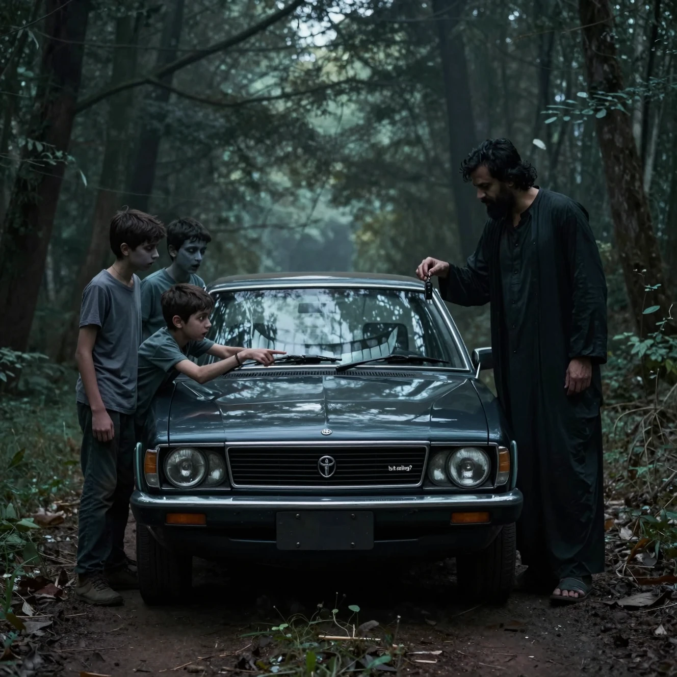 Garotos e um carro sinistro em uma trilha sombria na floresta
