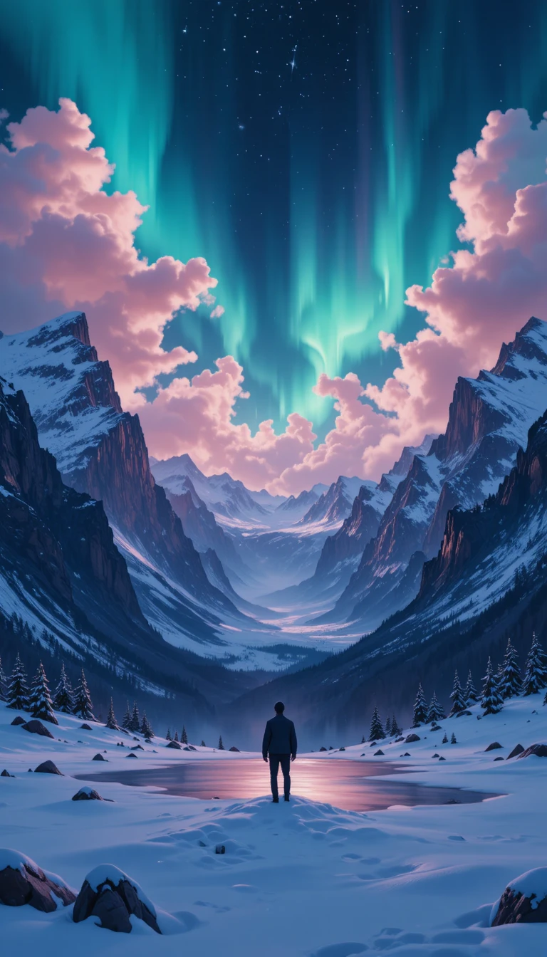 Figura solitária sob aurora brilhante em vale nevado de montanha