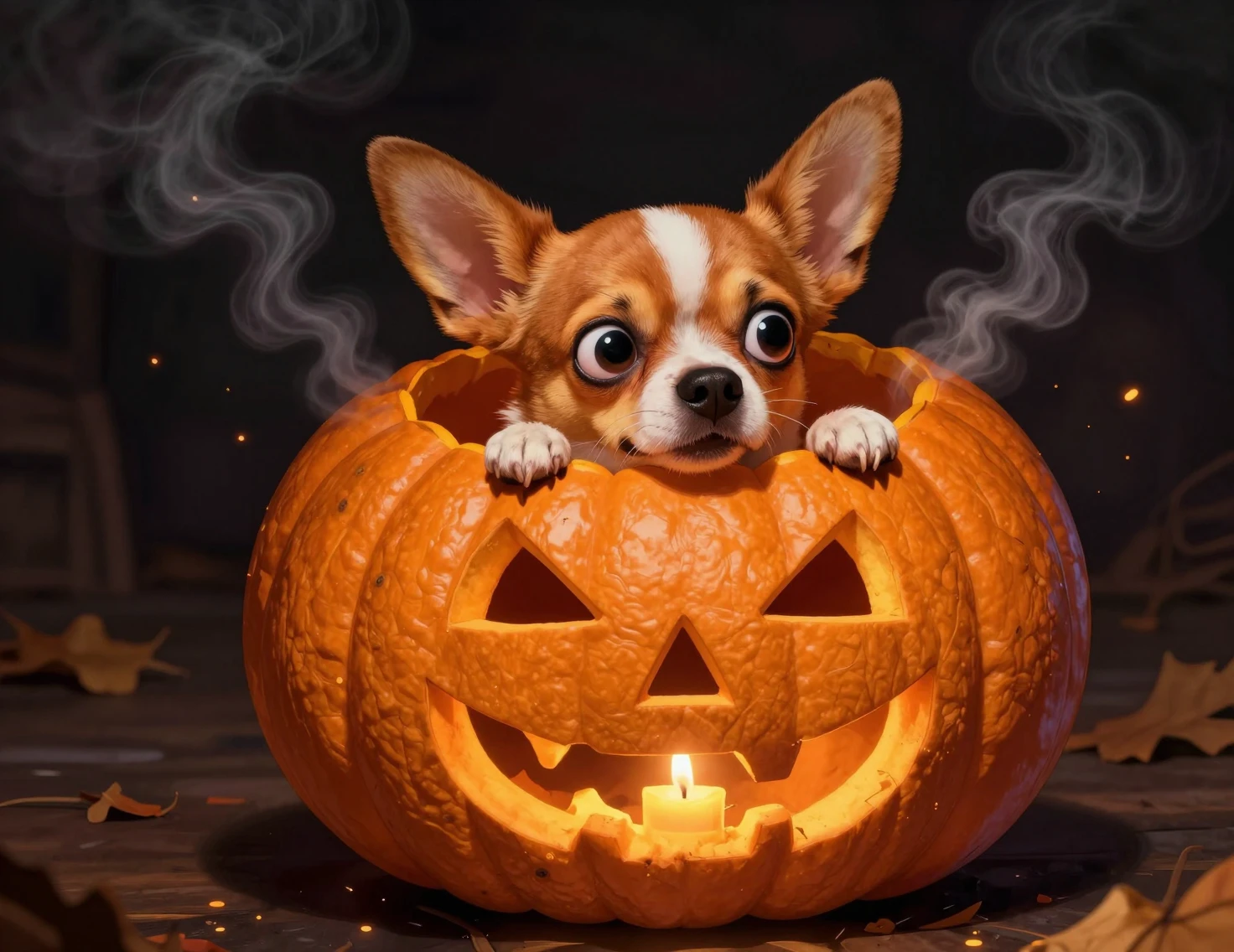 Chihuahua engraçado espiando de uma abóbora de Halloween brilhante