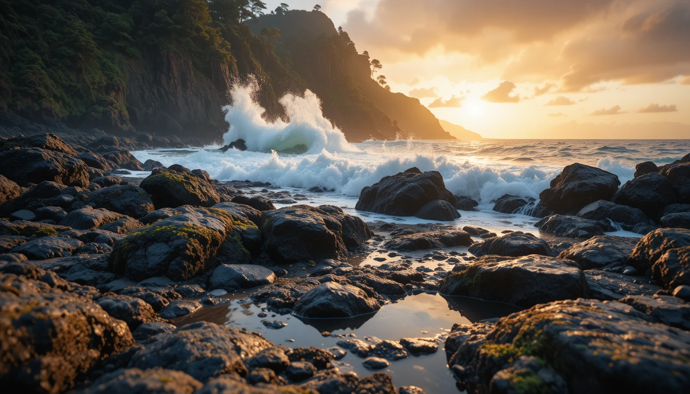Costa rochosa dramática ao pôr do sol com ondas quebrando