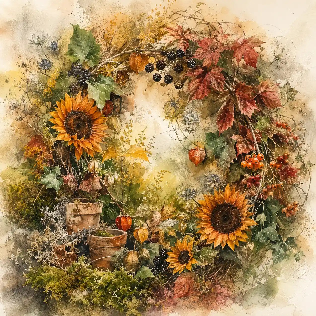 Herbstlicher Sonnenblumenkranz mit Beeren und Laub Illustration