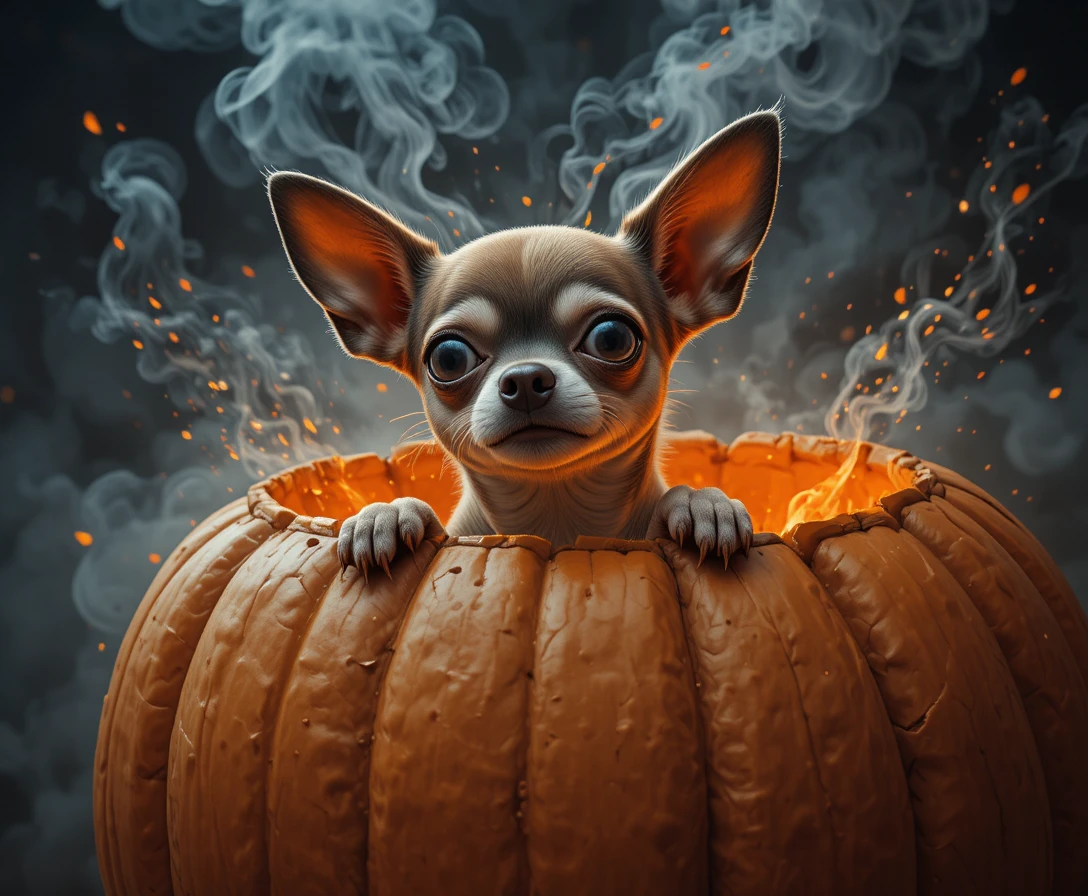 Chihuahua engraçado saindo de uma abóbora de Halloween brilhante