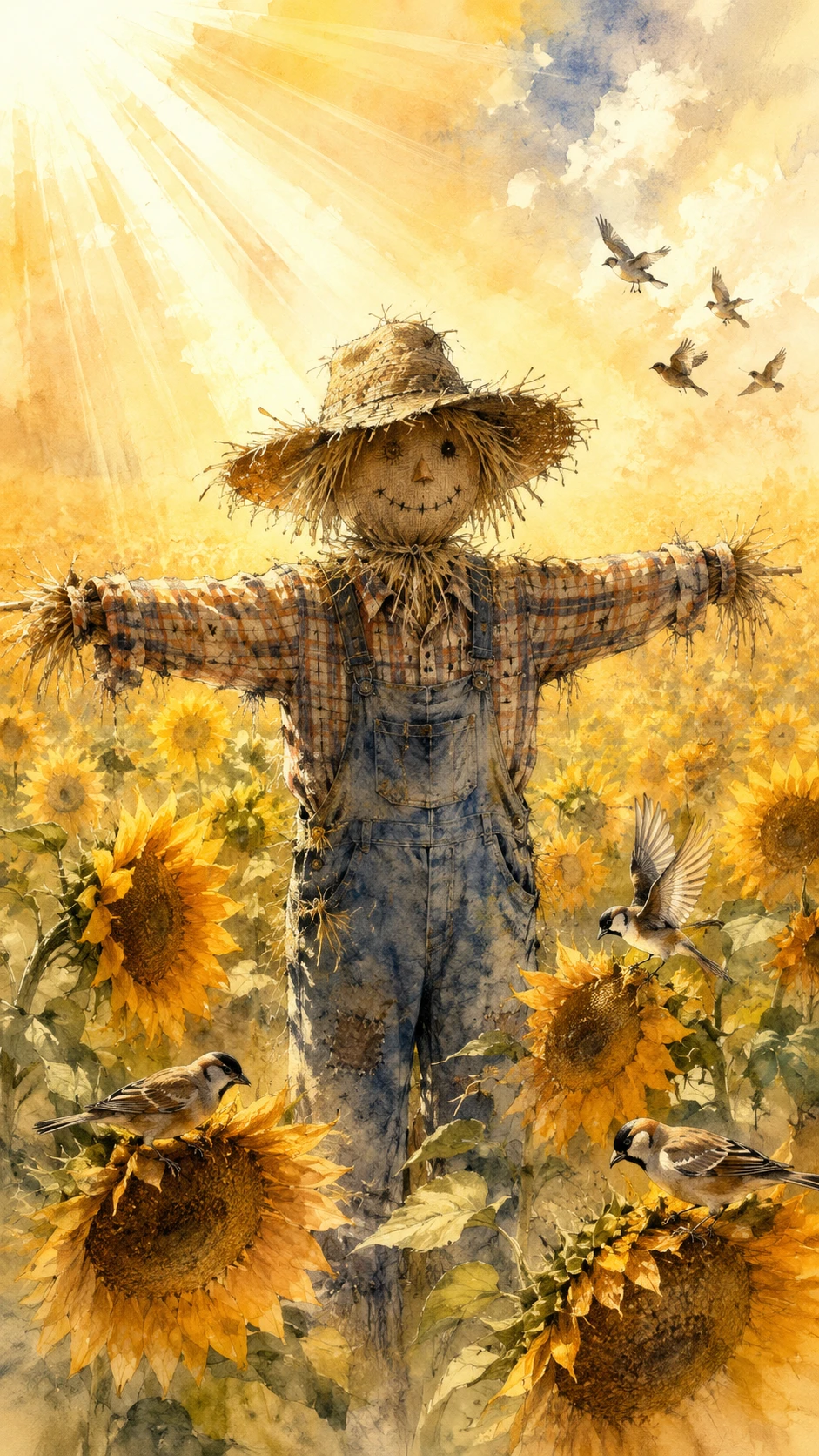 Campo de girassóis ao sol com pássaros e espantalho rústico