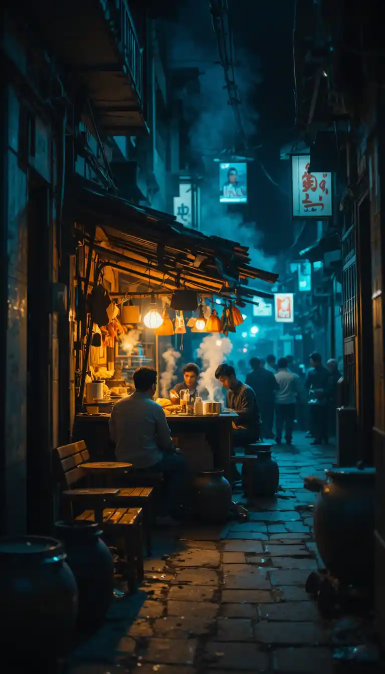 Busy city alley food stall with warm glowing lights