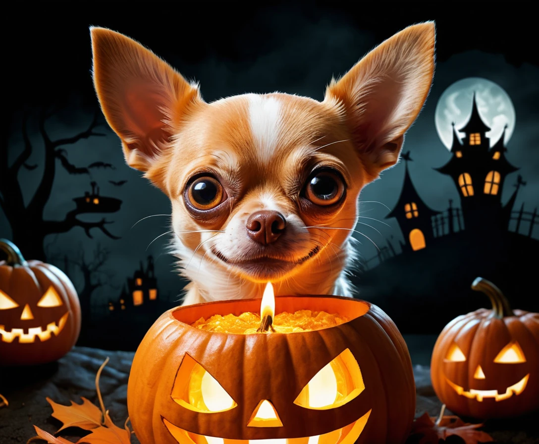 Chihuahua engraçado saindo de uma abóbora de Halloween brilhante