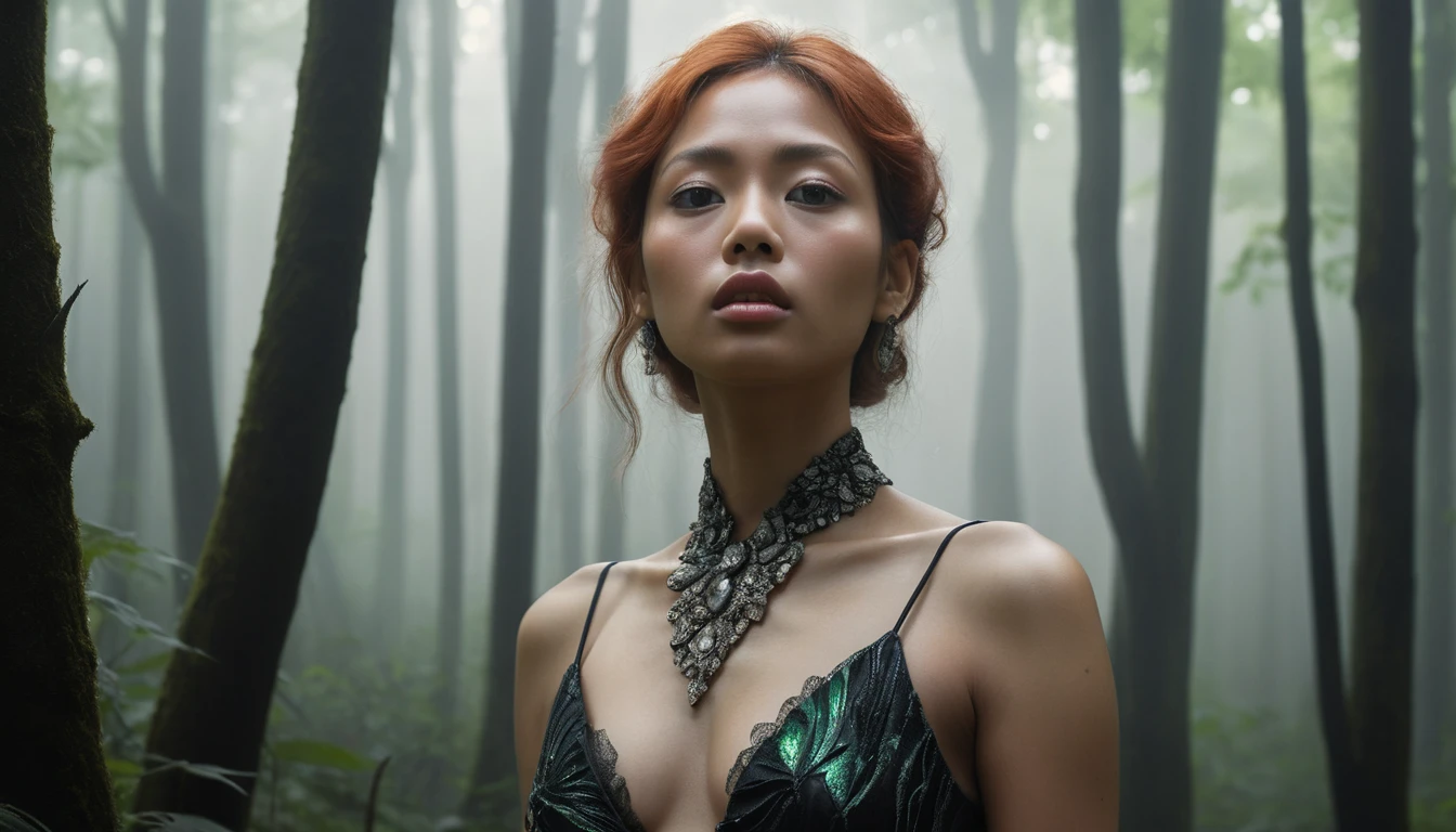Donna dai capelli color rame su un sentiero di foresta avvolto nella nebbia