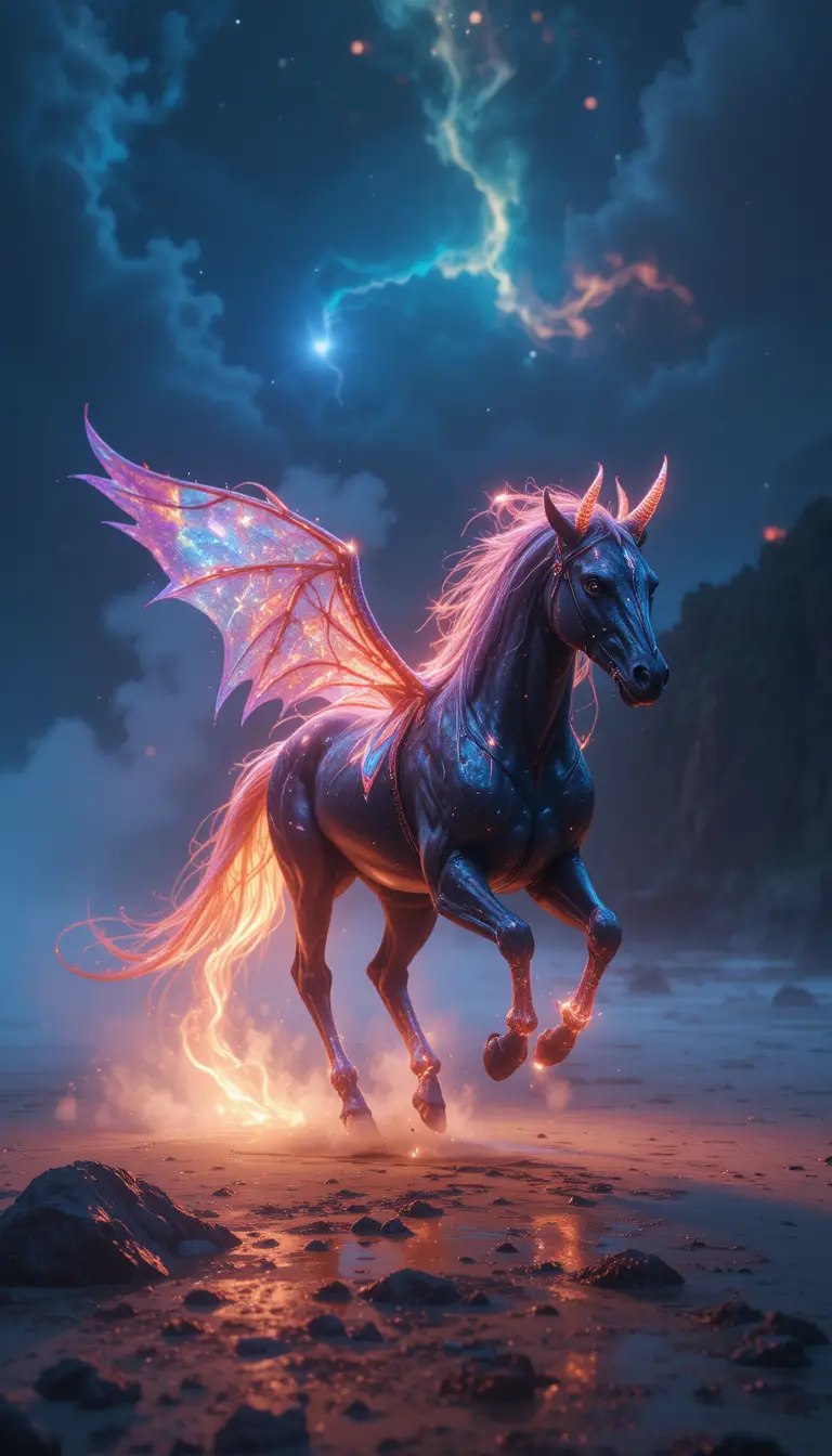 Mythical winged creature galloping along a midnight beach