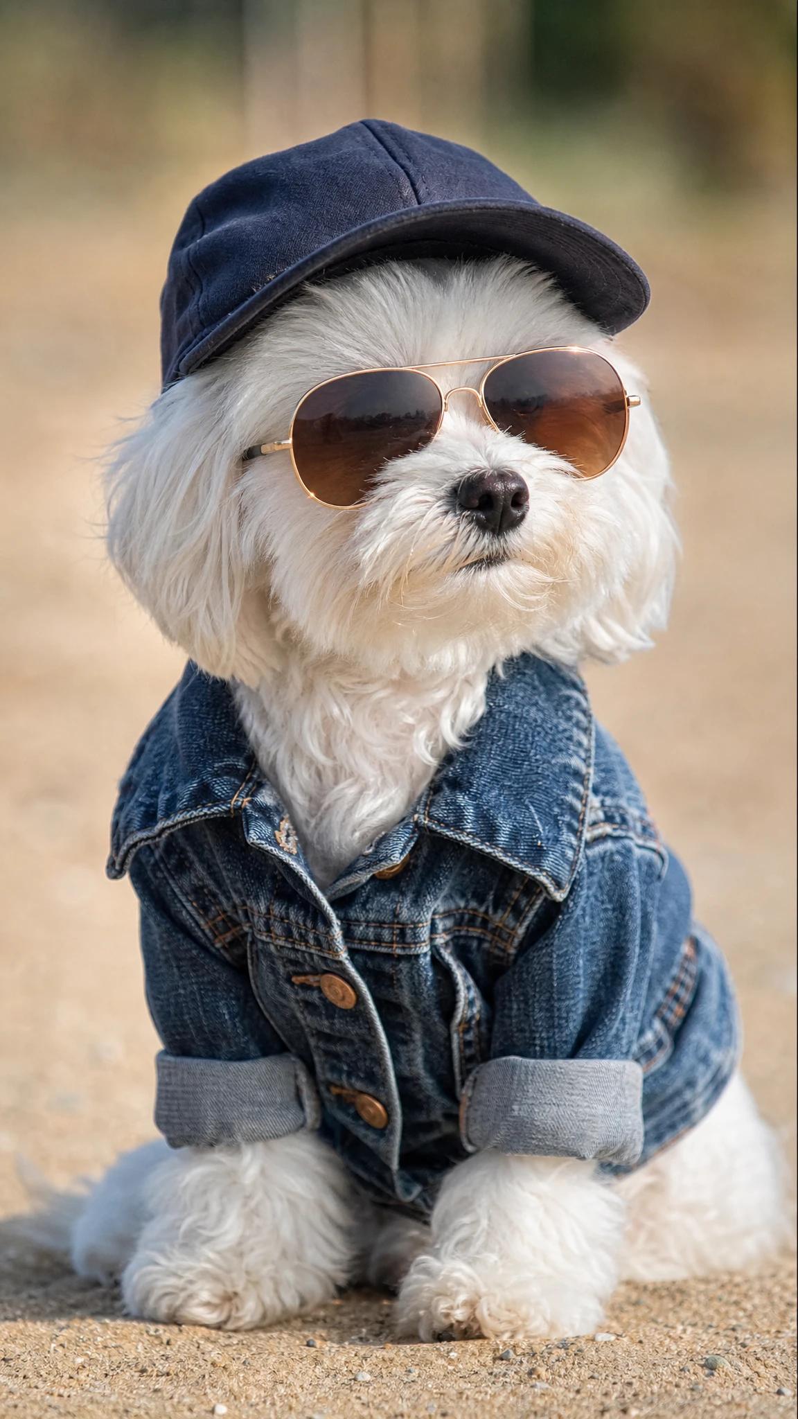 Cachorro branco estiloso de jaqueta jeans e boné ao ar livre