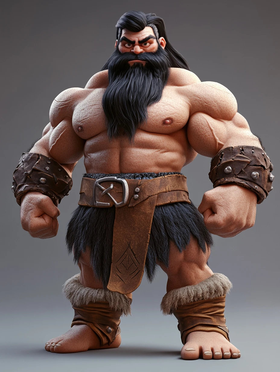 Caricatura 3D bem-humorada de bárbaro com corpo extremamente musculoso