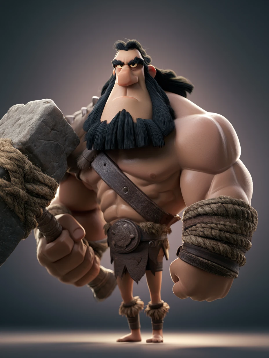 Caricatura 3D bem-humorada de bárbaro com músculos enormes e pernas minúsculas