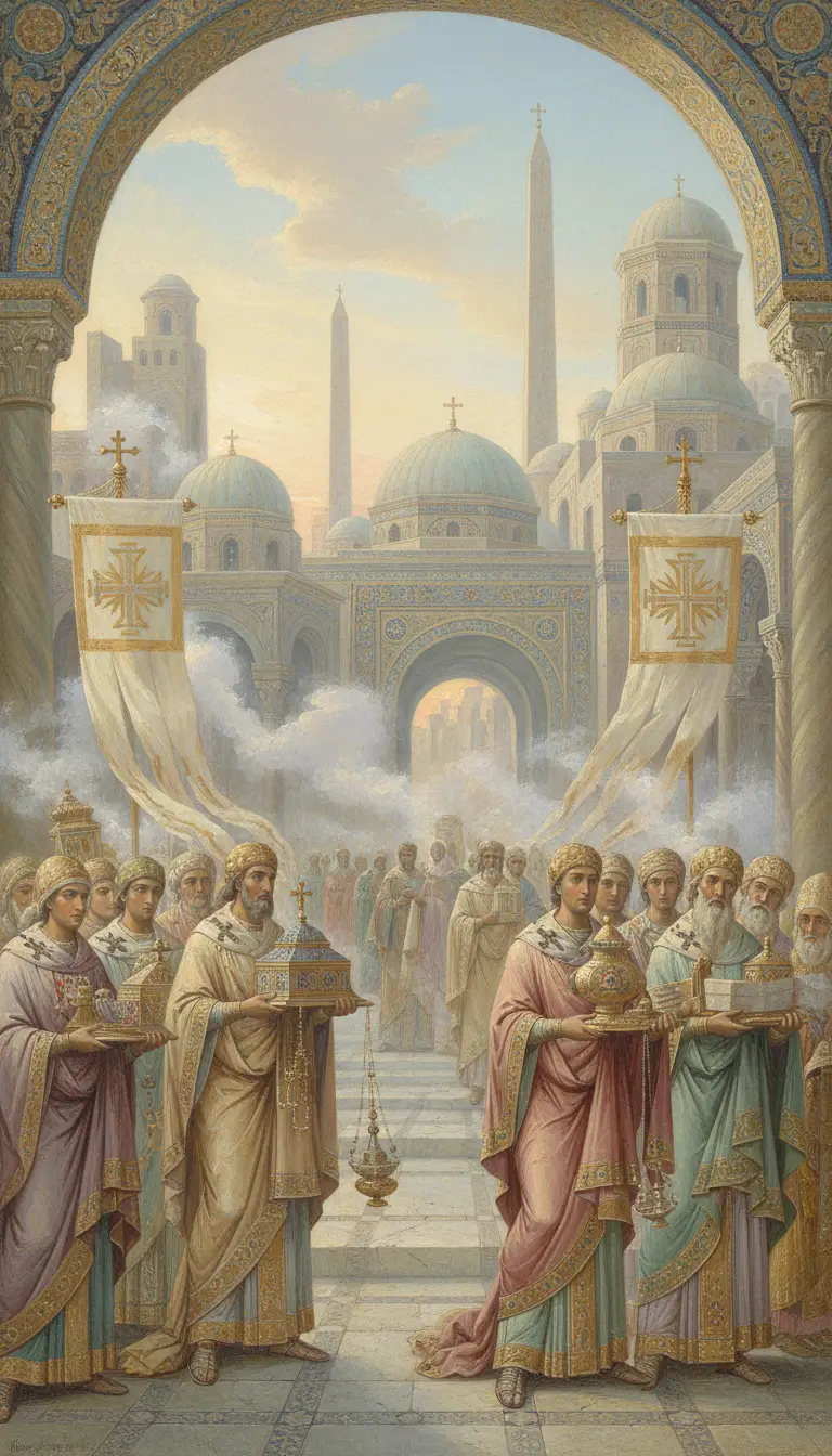 Byzantine procession at dawn in a marble domed city