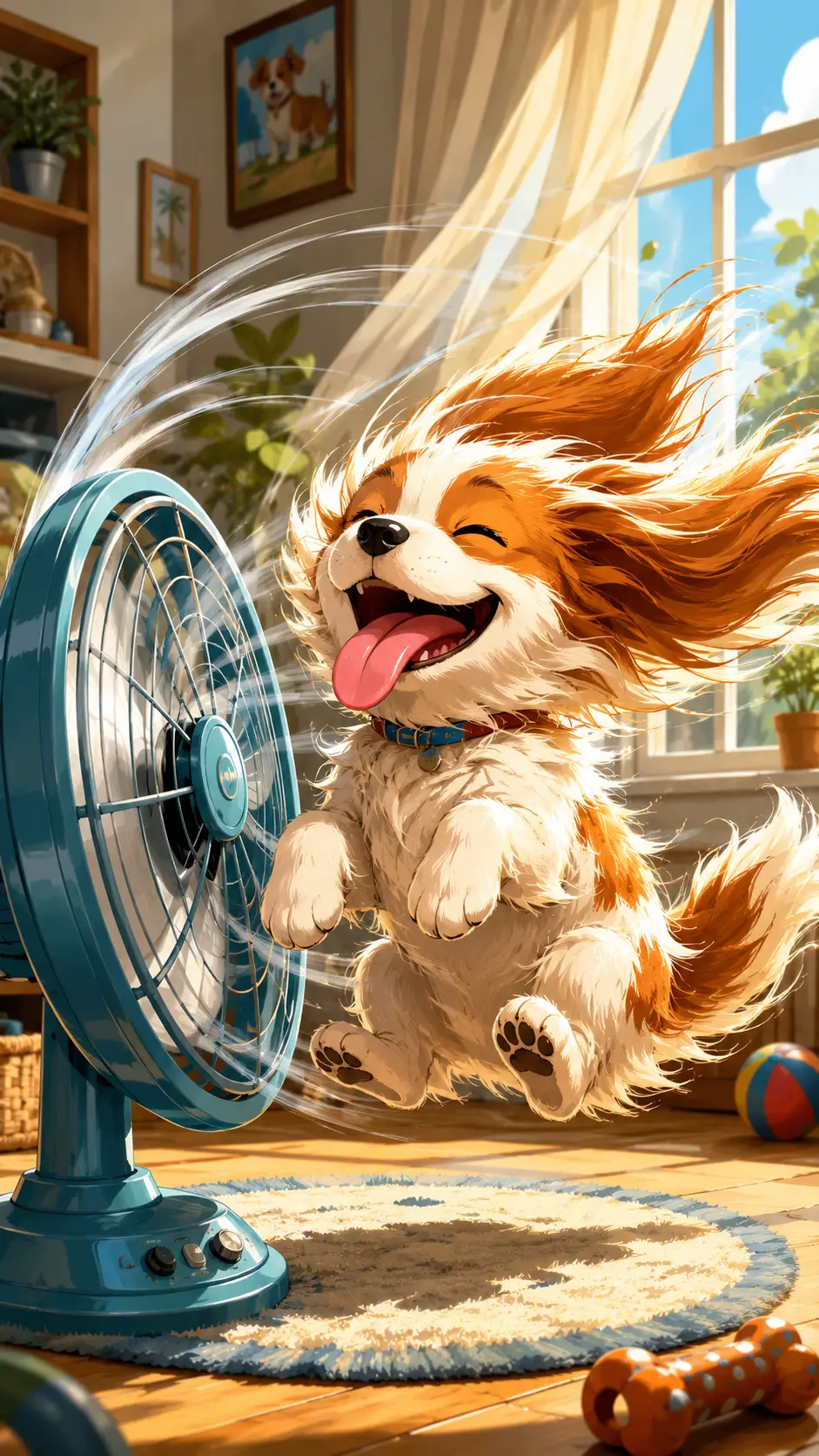 被藍色立地電風扇吹拂的開心卡通小狗
