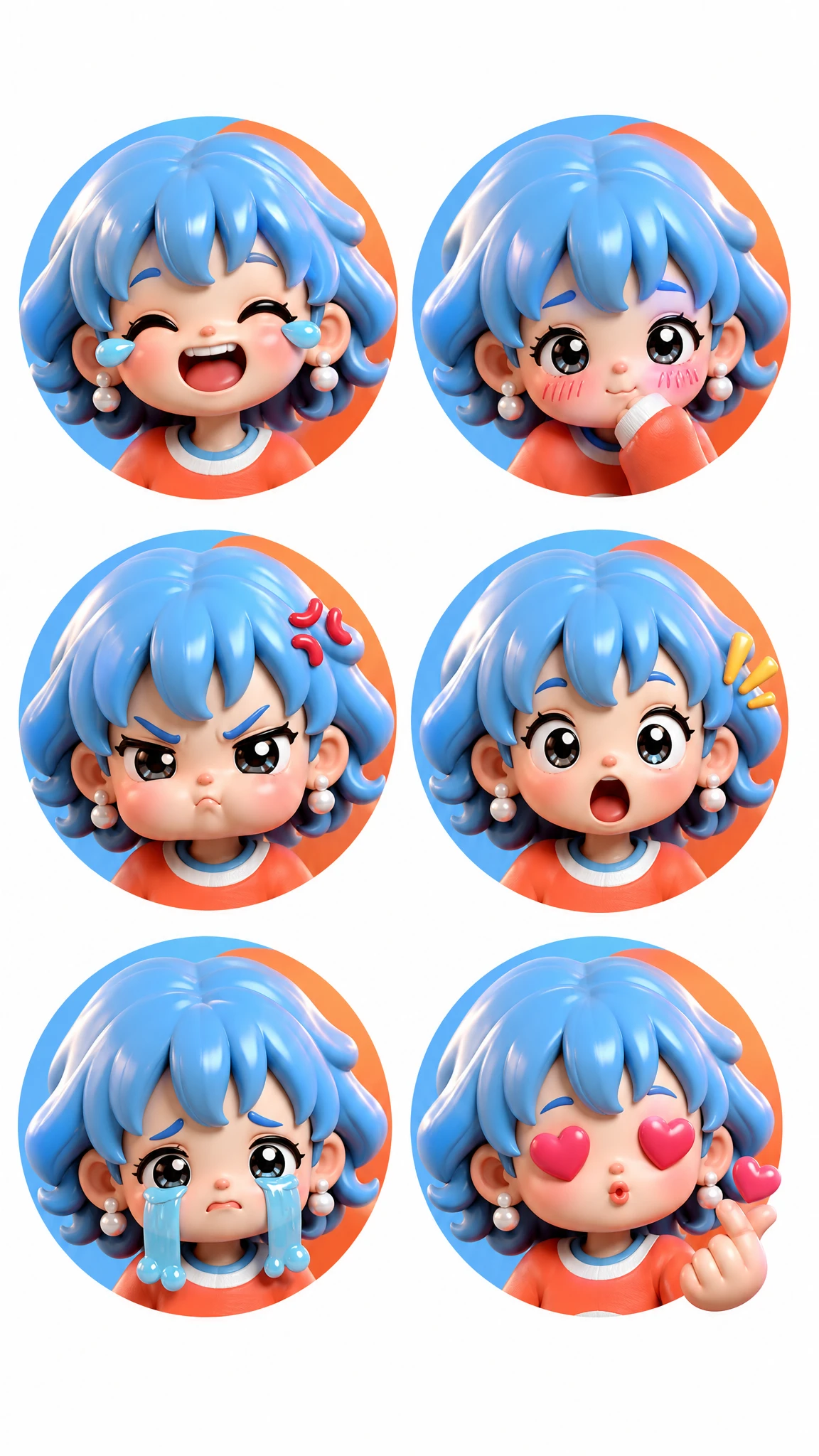 Rostinhos de brinquedo 3D fofos de emoji de garota em grade de adesivos em tons pastel