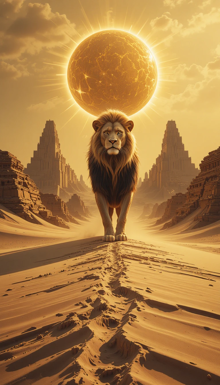 Majestätischer Löwe in einer surrealen geometrischen Wüste