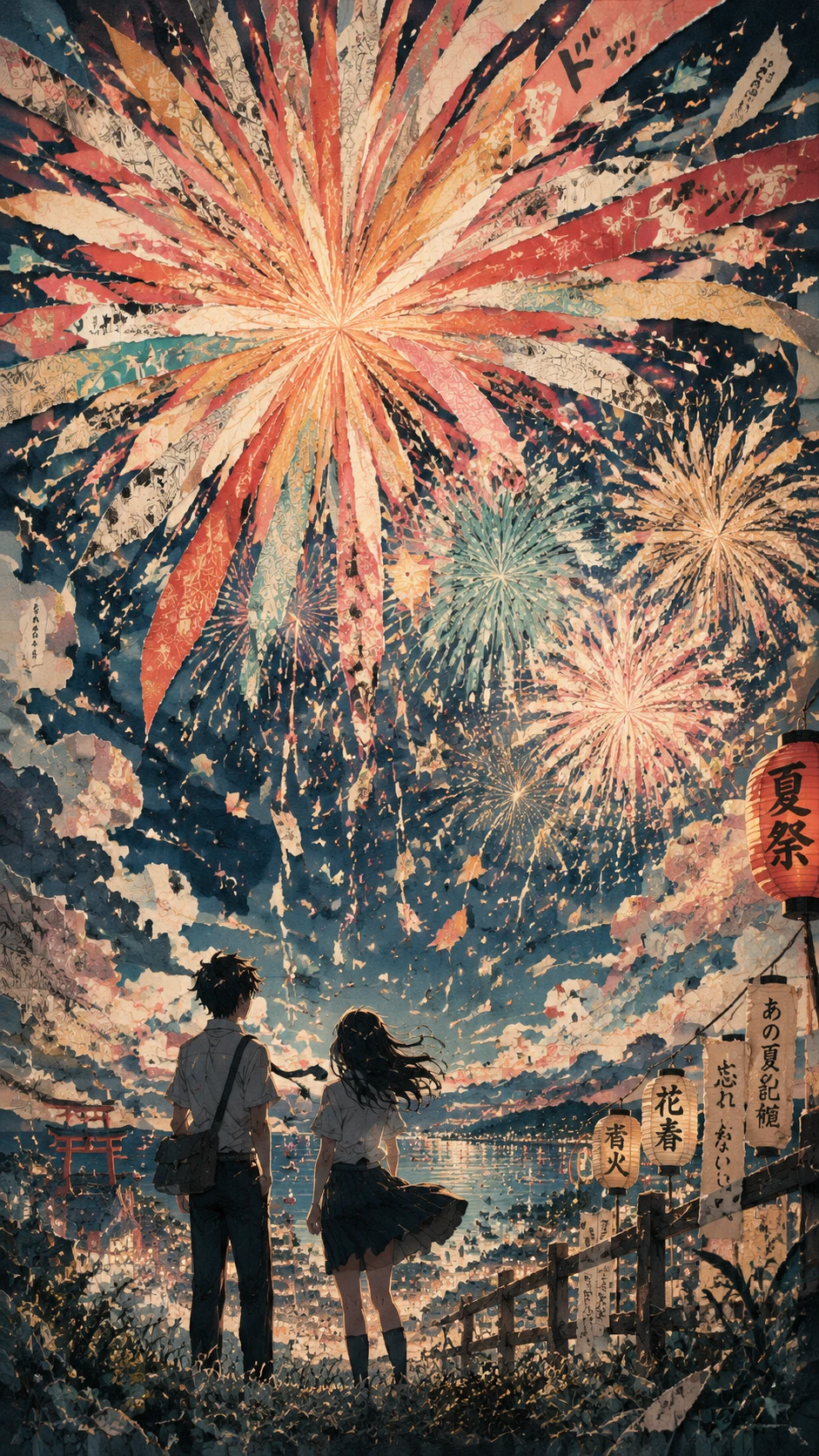 丘の上の2人の学生の上に広がるアニメ花火コラージュ