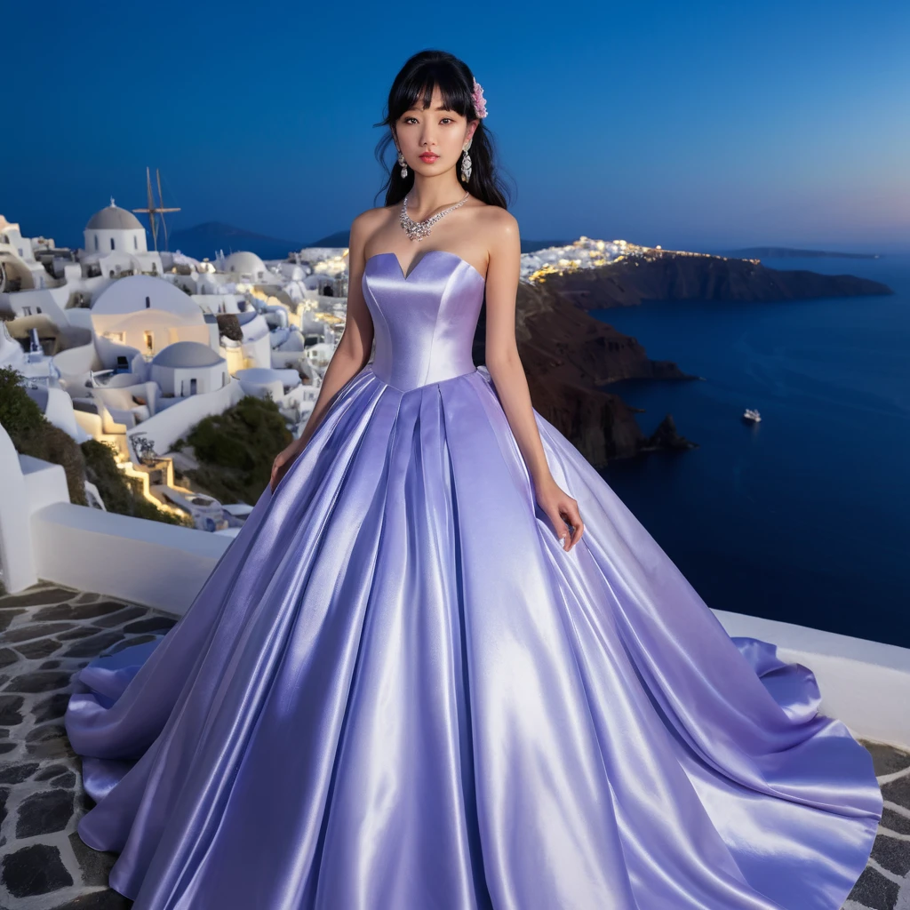 Femme élégante en robe de satin lavande la nuit à Santorin