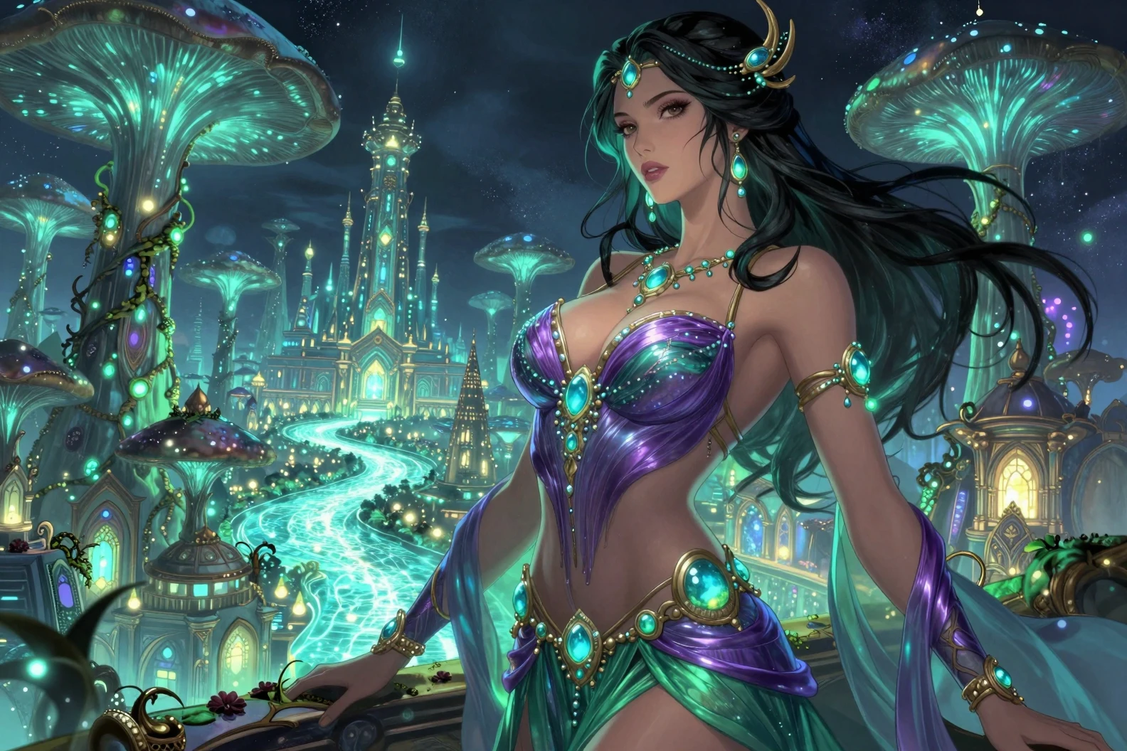 俯瞰發光奇幻城市的生物發光女王