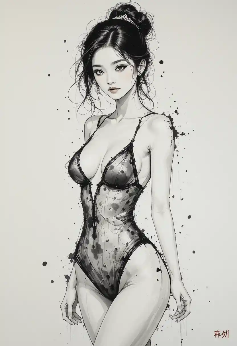 Elegante dibujo a tinta de una mujer en pose con monokini