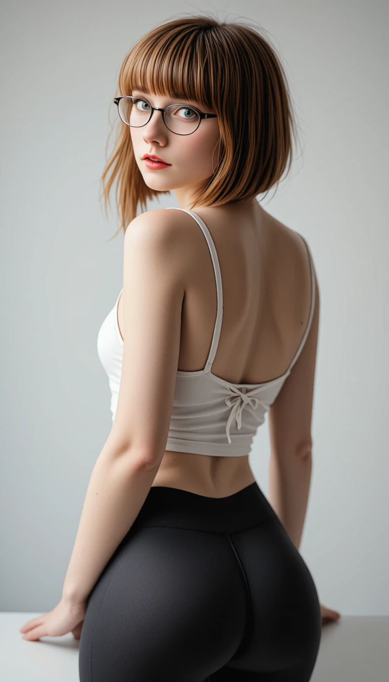 탱크톱과 레깅스를 입고 몸을 앞으로 숙인 볼륨감 있는 여성