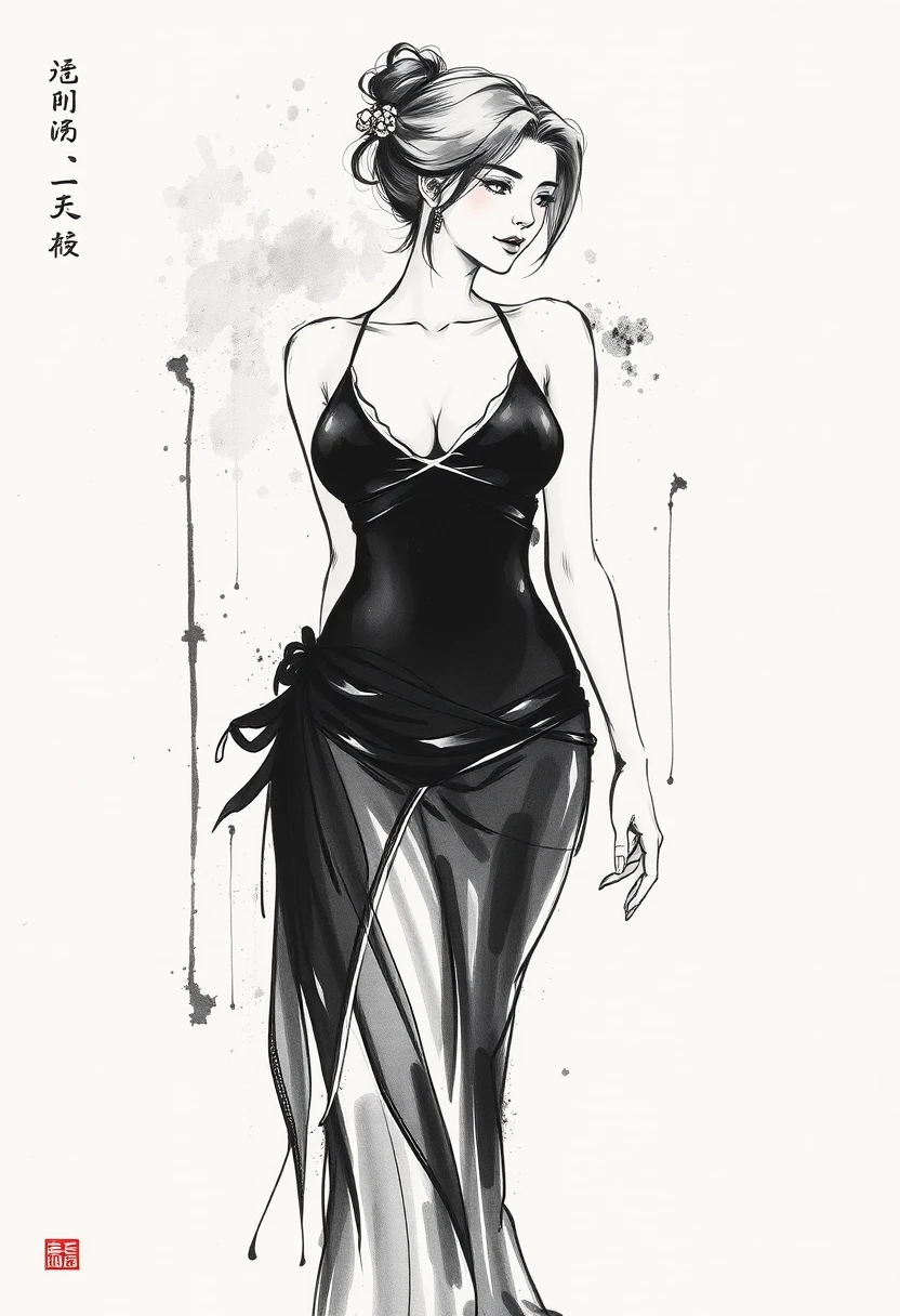 Donna elegante in monokini in disegno monocromatico a inchiostro