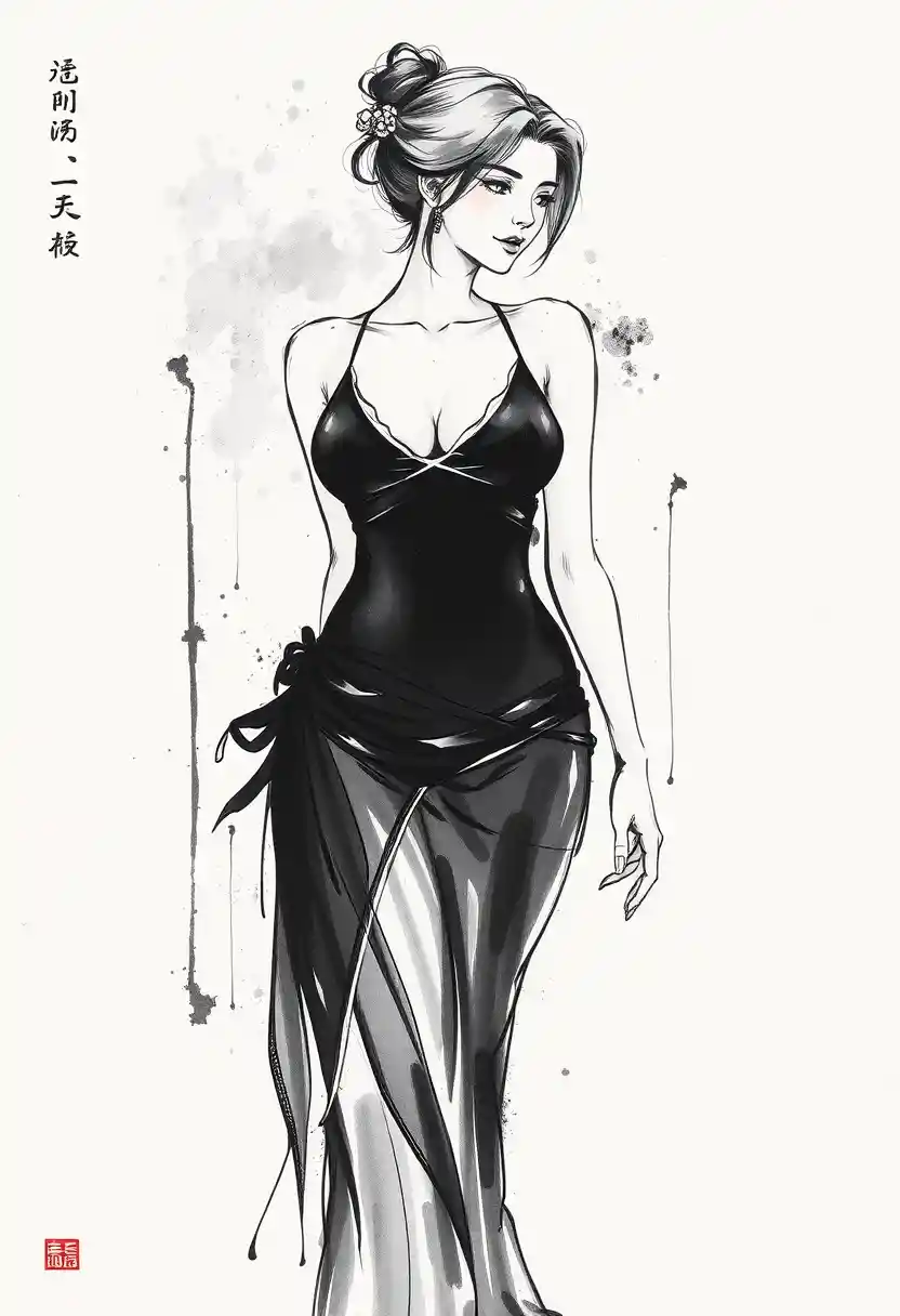 Donna elegante in monokini in disegno monocromatico a inchiostro