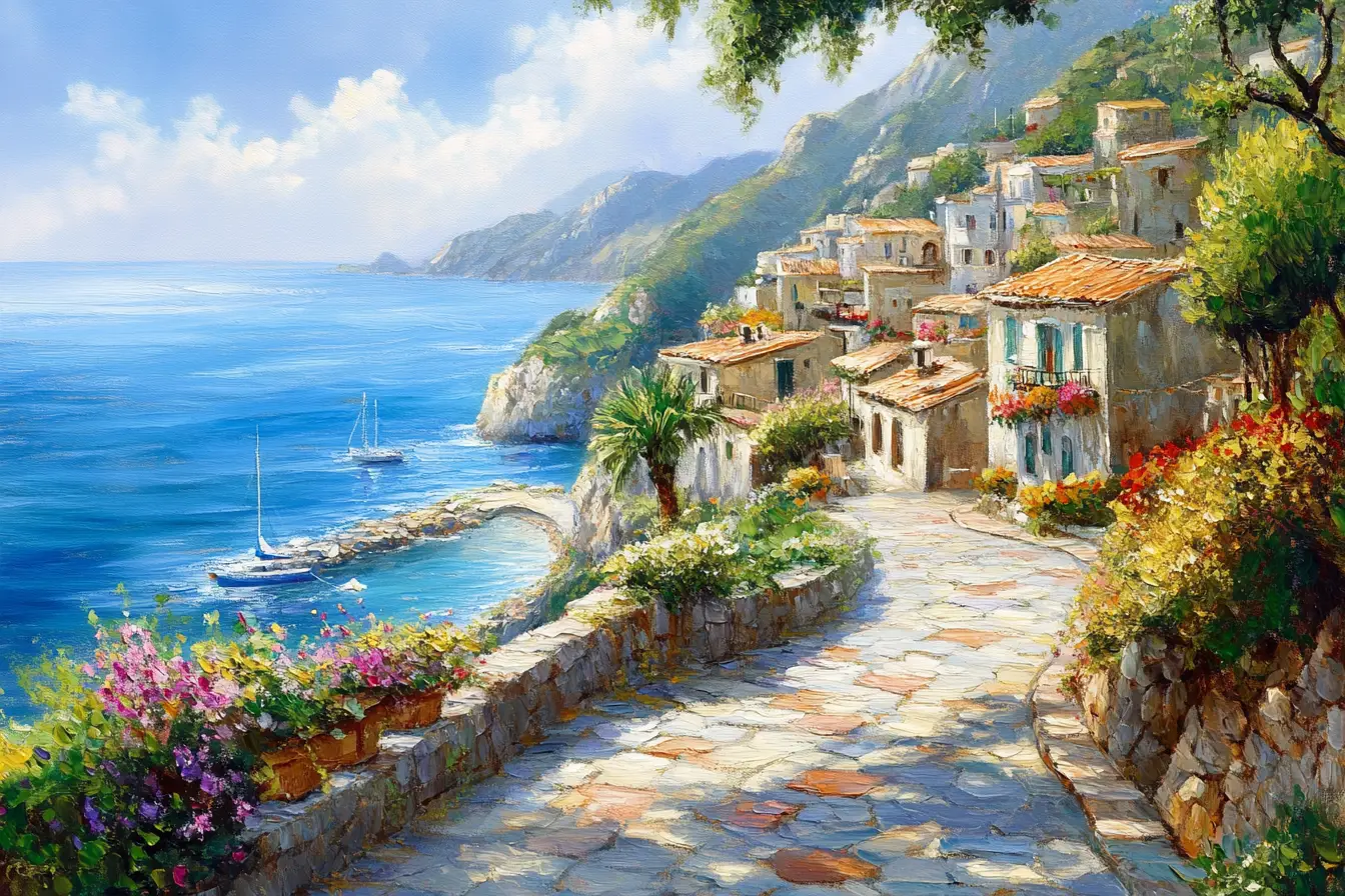 Mediterranean town path leading through greenery to the sea