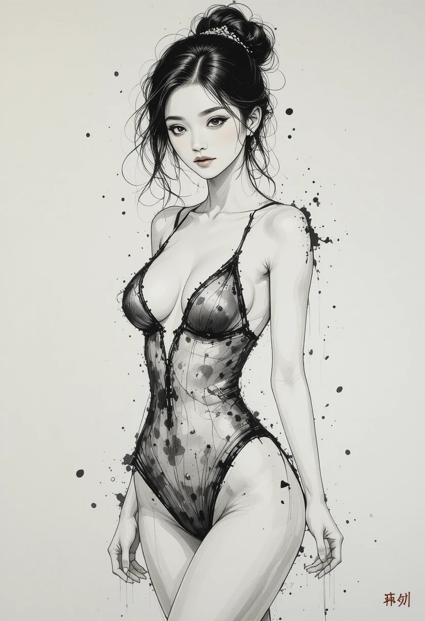 모노키니 포즈의 여성을 담은 우아한 잉크 드로잉