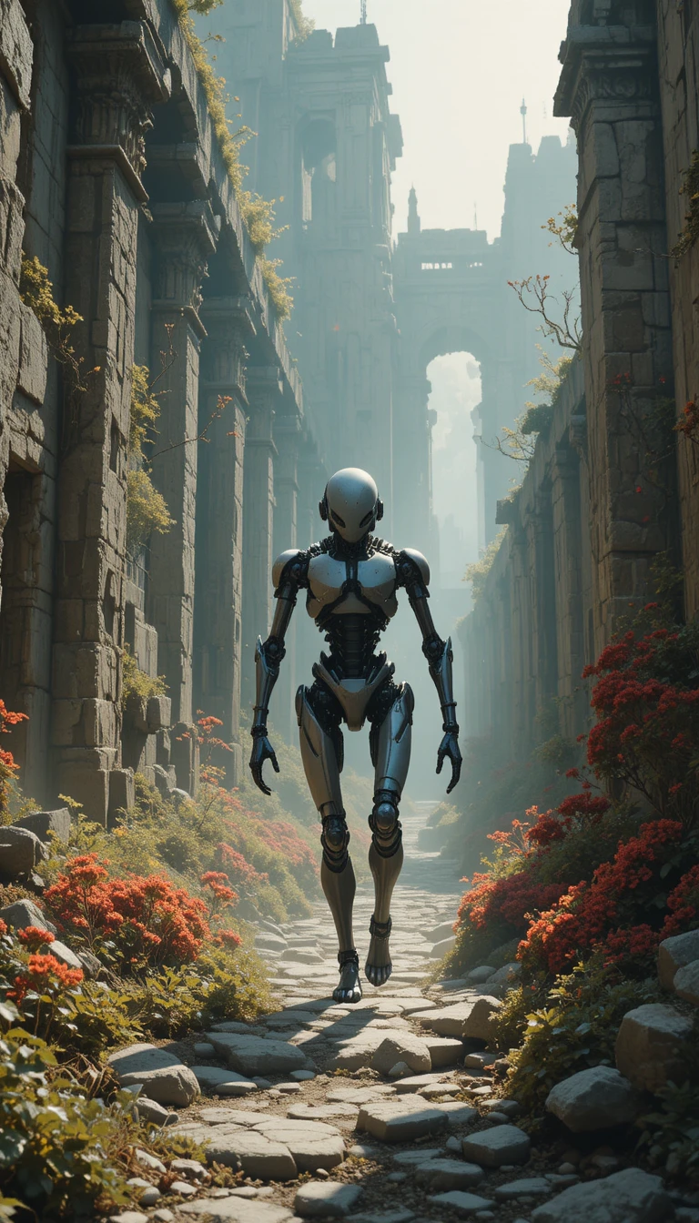 Lonely robot walking through overgrown ancient stone ruins