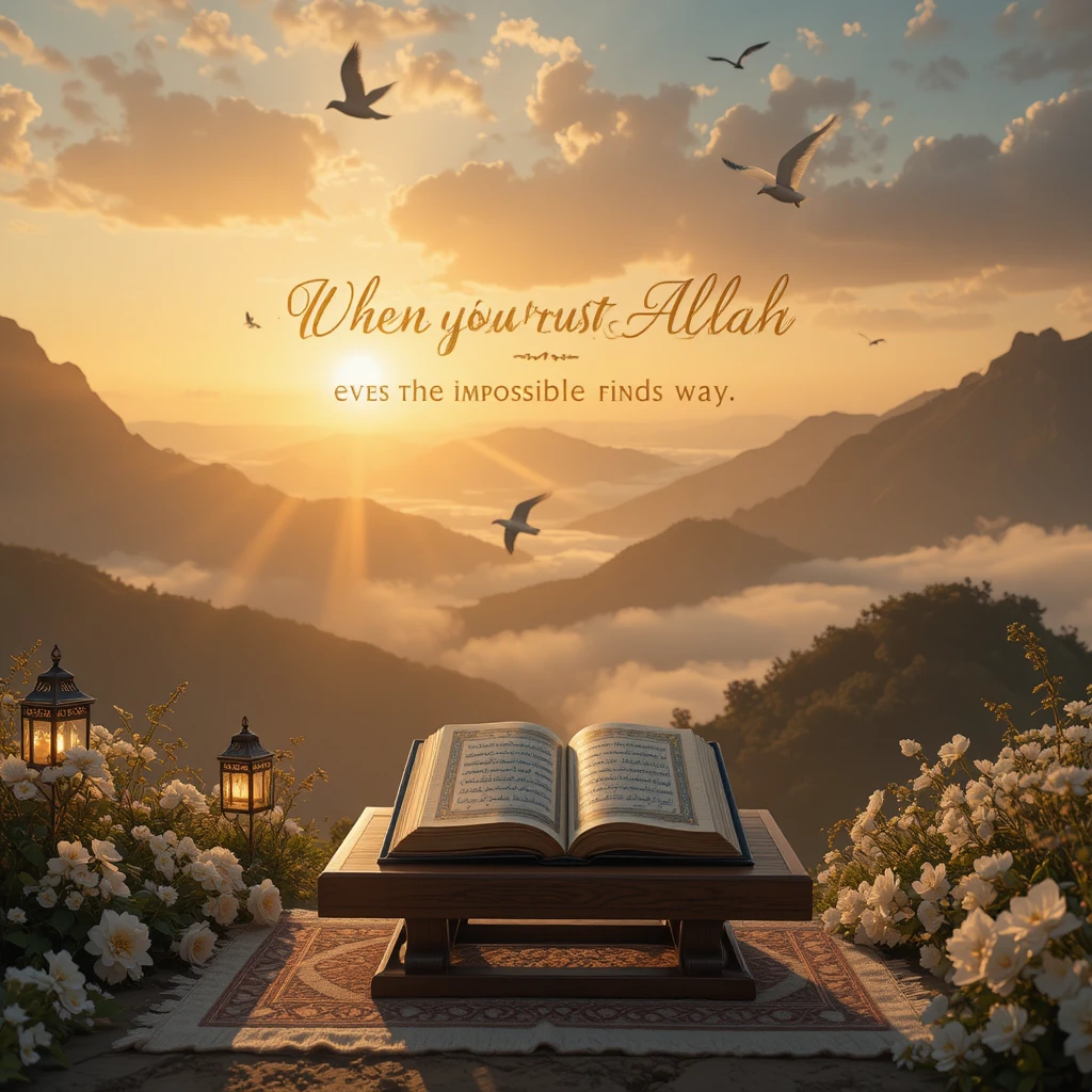 Islamic sunrise scene with Quran and mountain horizon