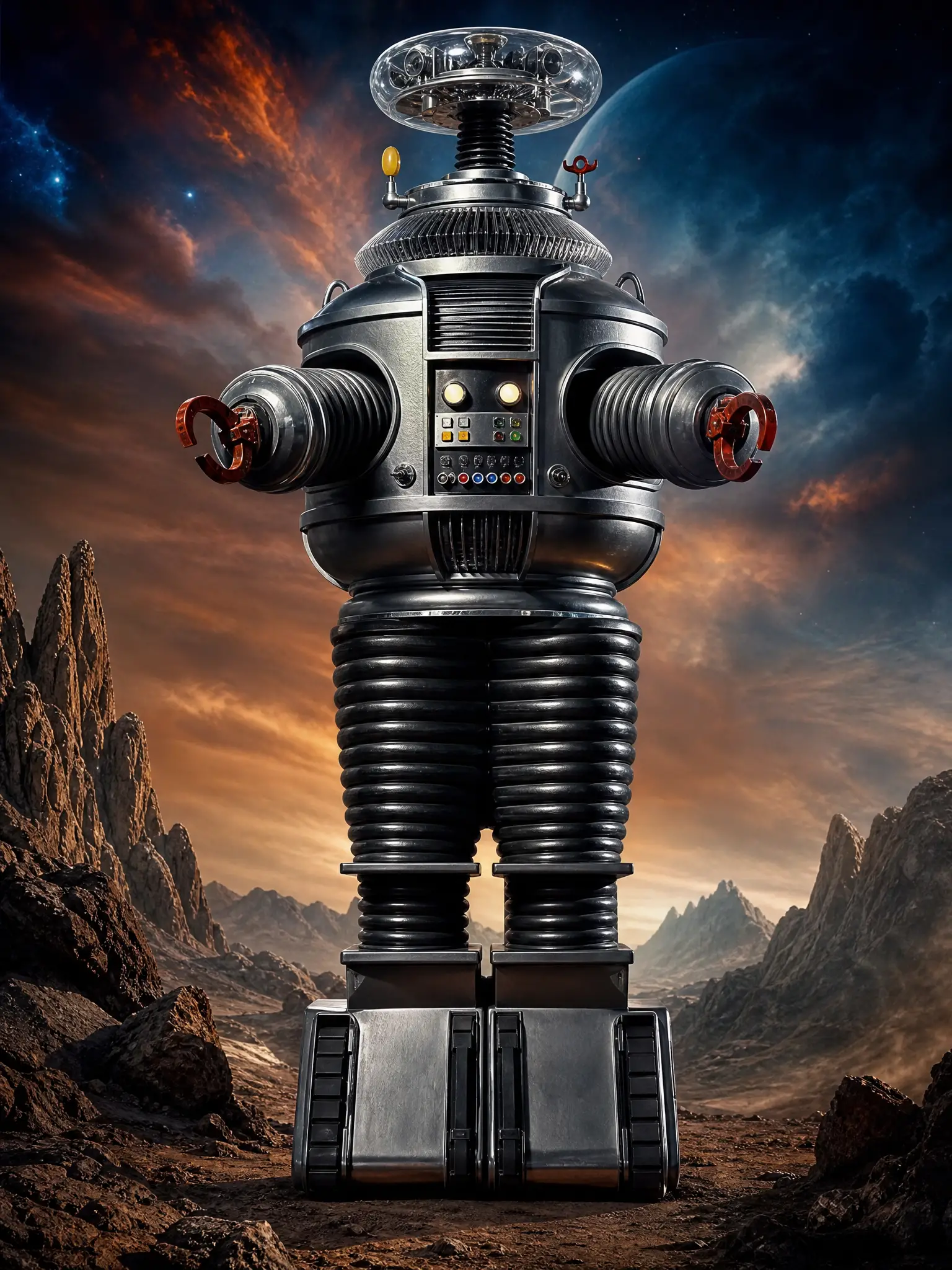 Epico ritratto a figura intera di un lucente robot umanoide