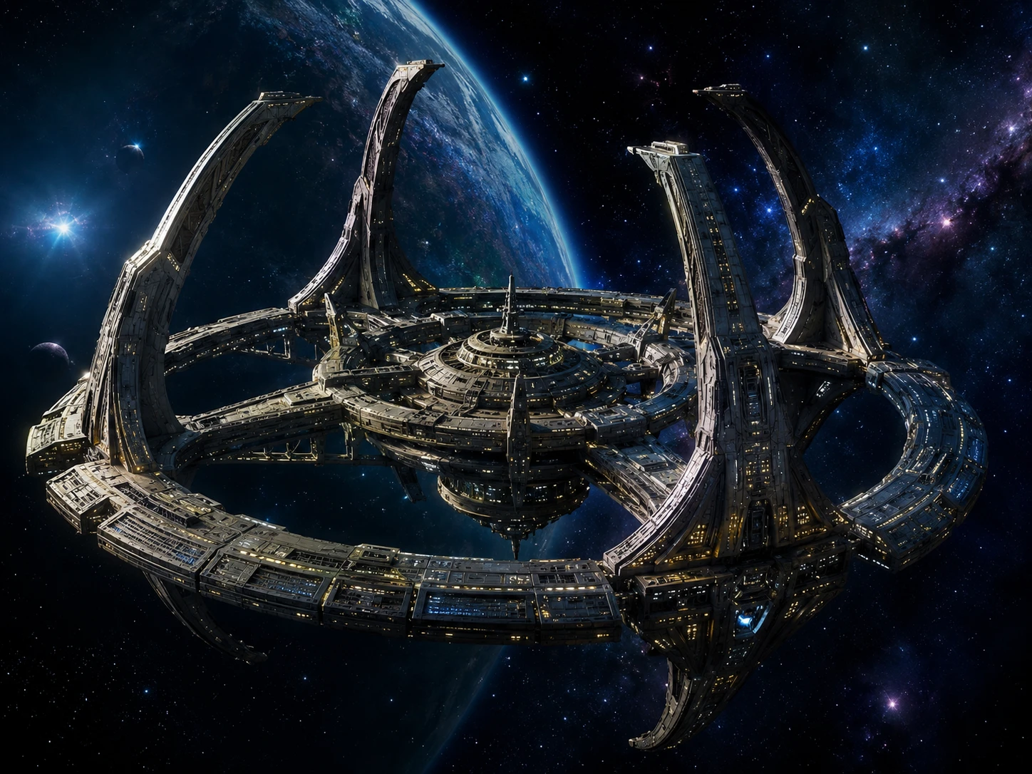 Pintura digital mítica de uma brilhante estação espacial em espaço profundo