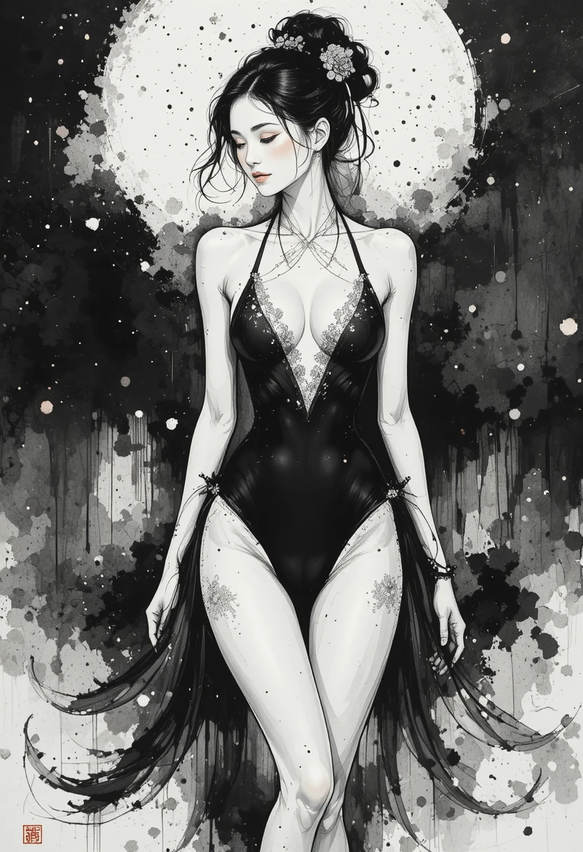 Portrait élégant à l’encre d’une femme en monokini