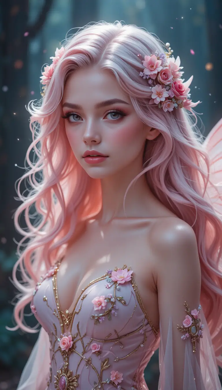 Giovane fata guaritrice dai capelli rosa con ali luminose
