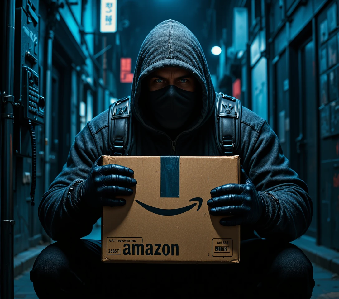 Hooded man with package in tense urban alleyway scene