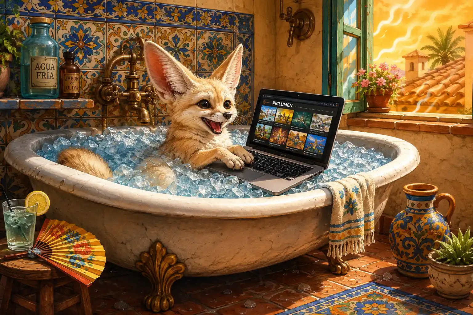Cartoon fennec fox relaxing in ice bath with laptop