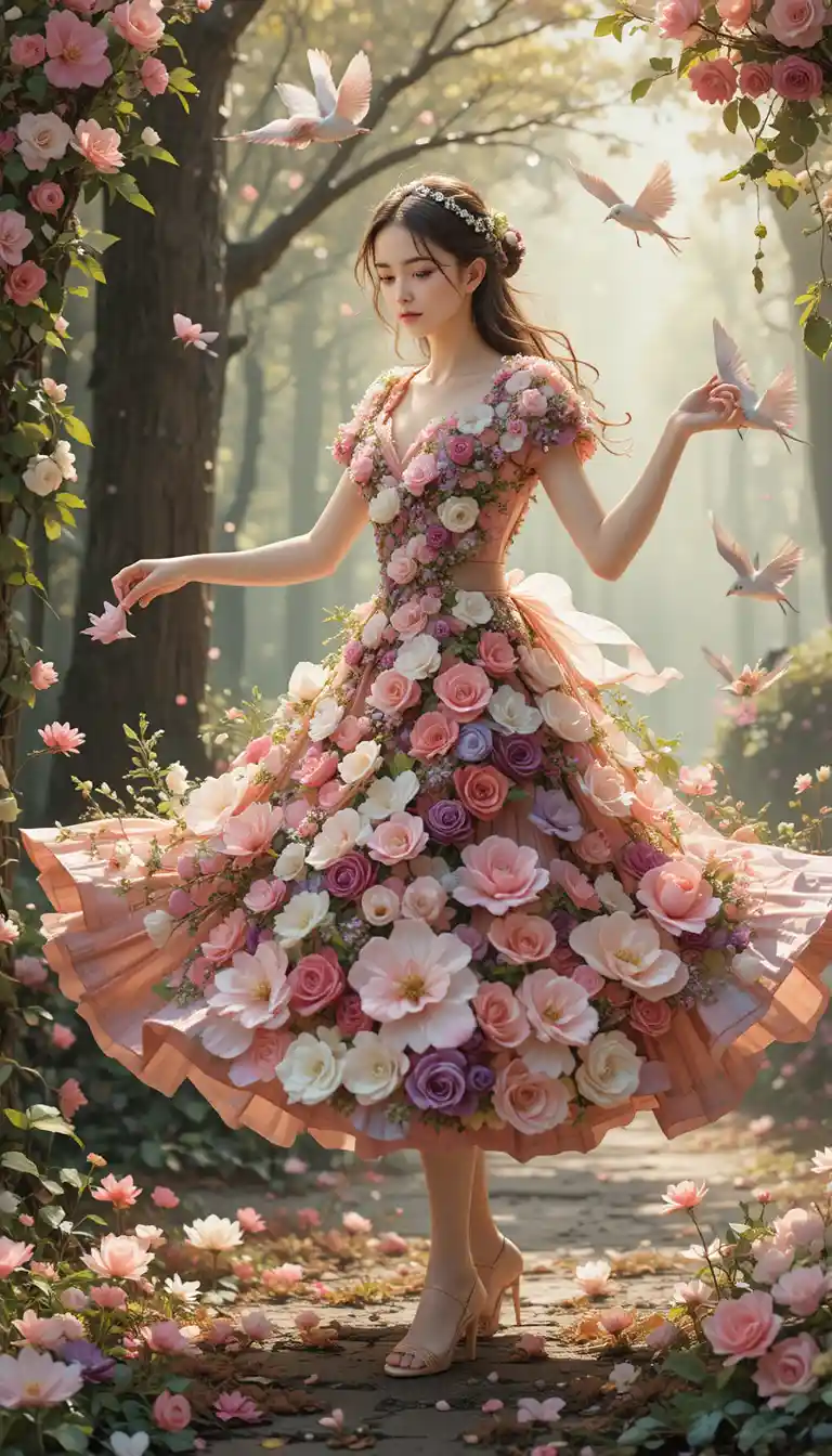 Giovane ragazza che danza in un abito di fiori pastello