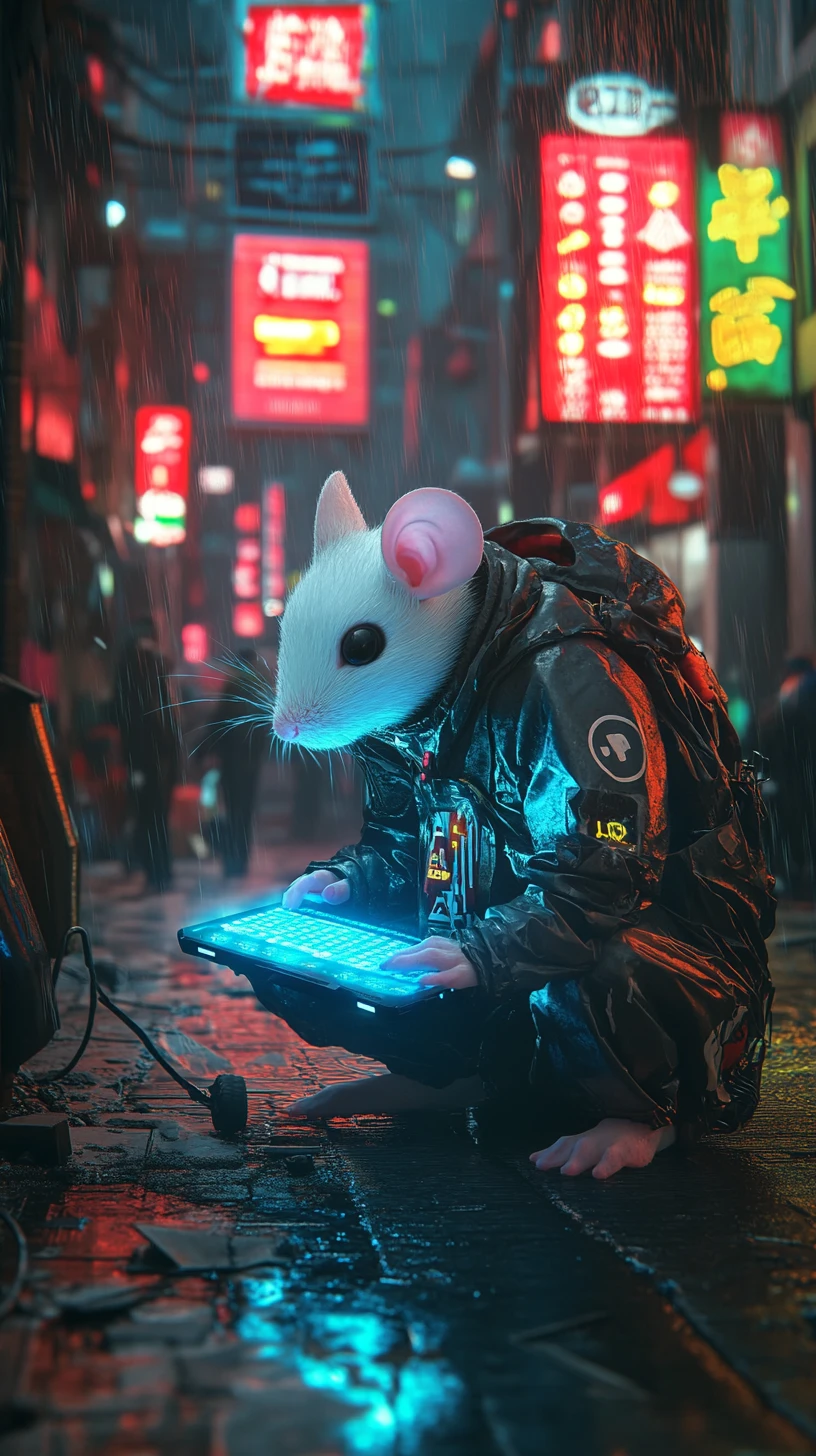 Rato branco cibernético hackeando em uma rua neon da cidade