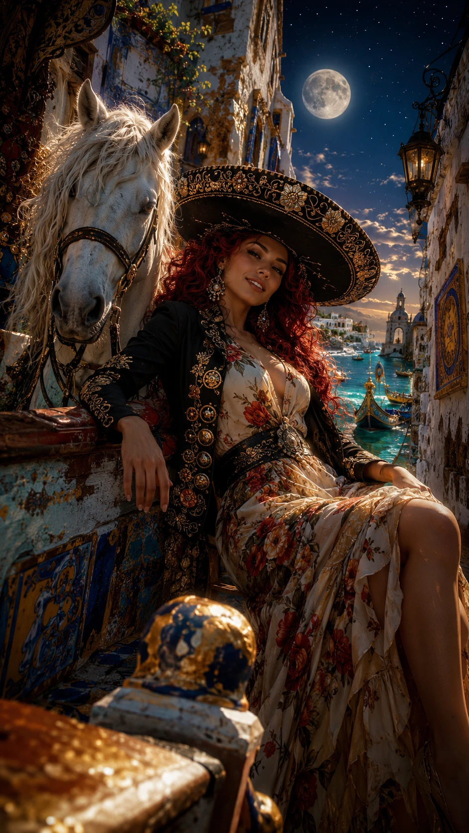 Mujer elegante en balcón sobre callejón costero surrealista