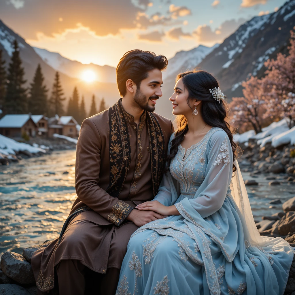 Couple pakistanais au bord d’une rivière de montagne au coucher de soleil doré