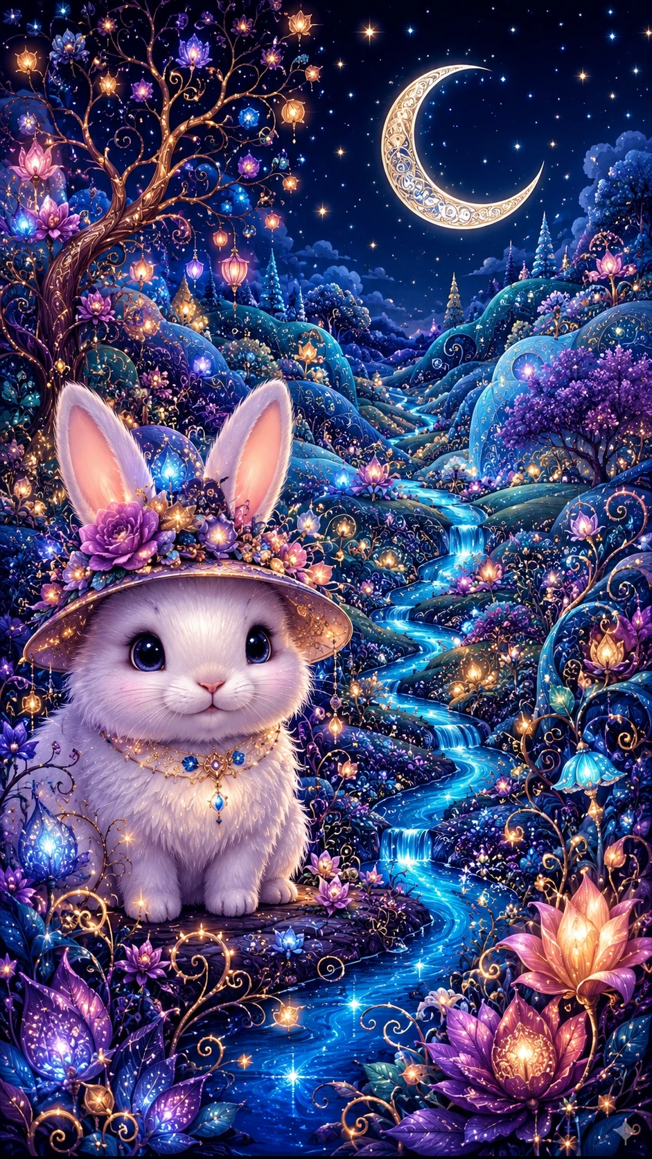 Coelhinho branco fofinho em um jardim fantástico encantado ao luar