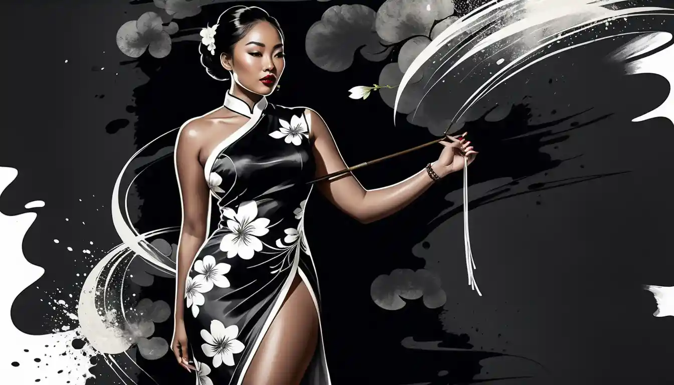 Donna formosa in qipao di seta – ritratto a inchiostro su sfondo nero