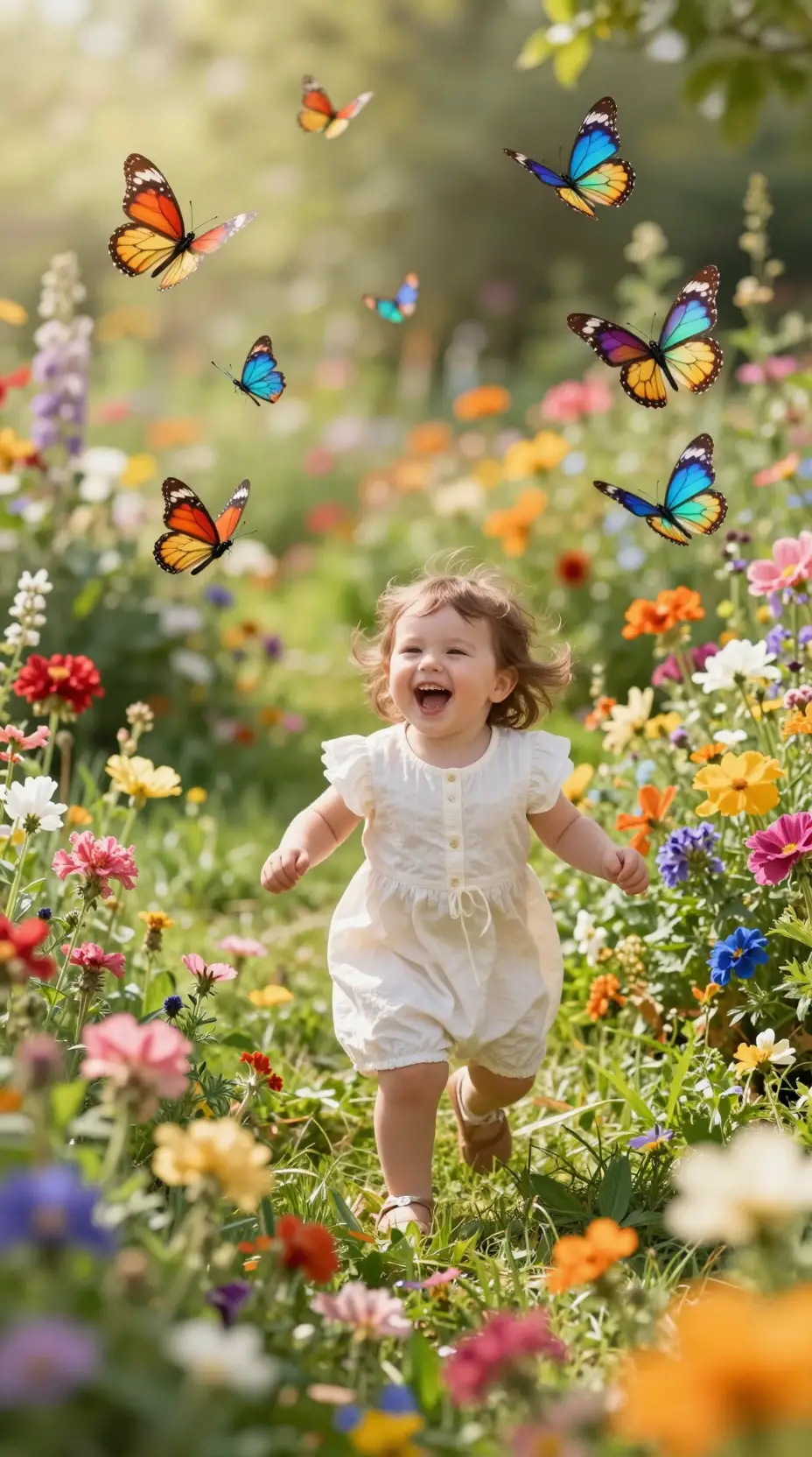 Toddler Playing With Butterflies In A Lush Flower Garden