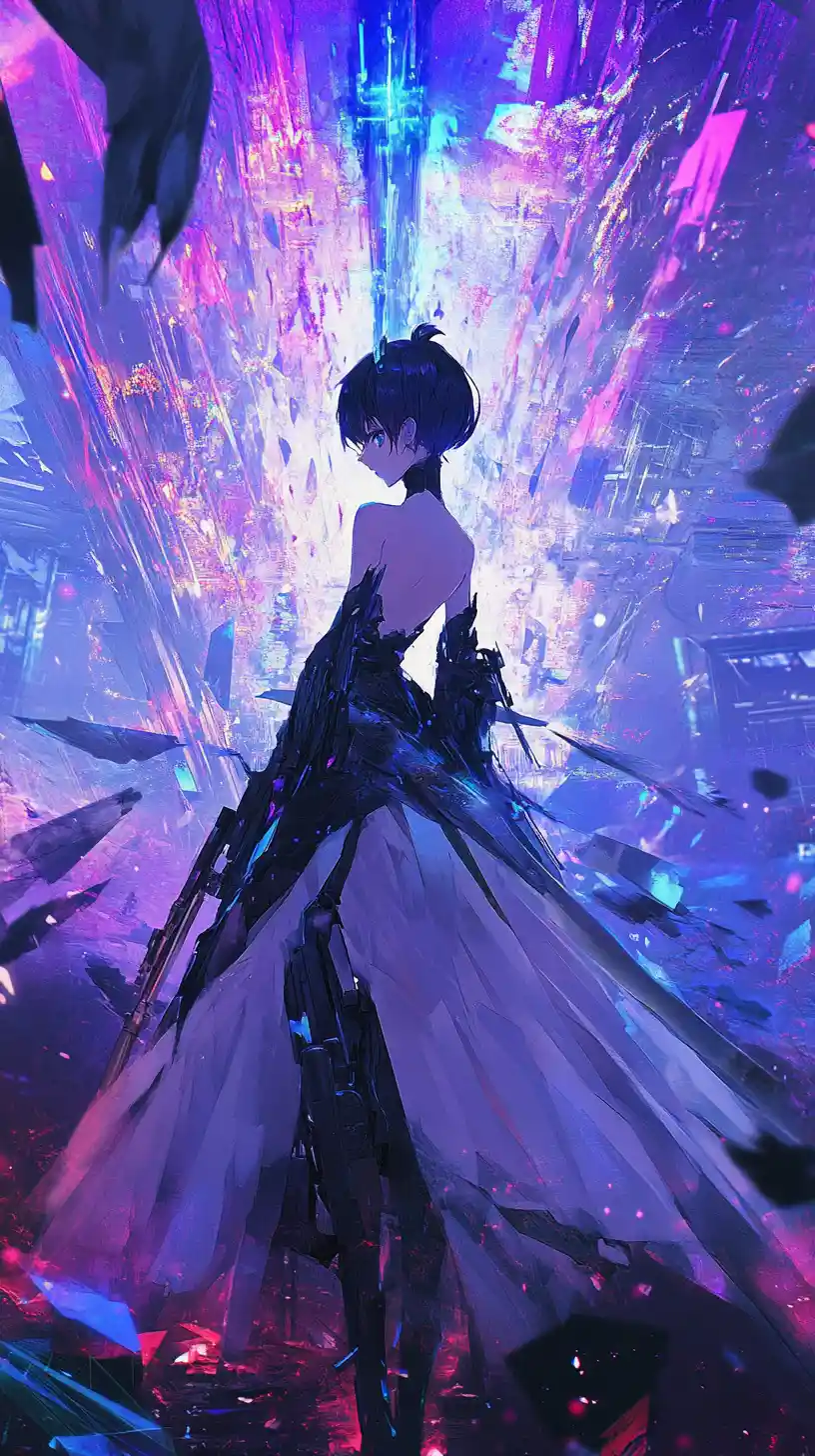 Garota de anime com rifle em um mundo de triângulos estilhaçados