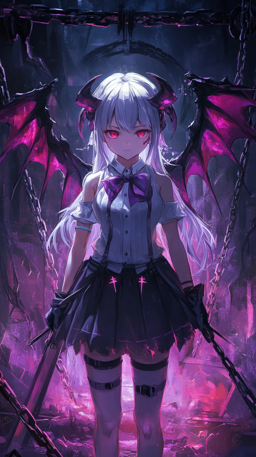 Ernste Anime‑Heldin mit leuchtenden Flügeln und Speer