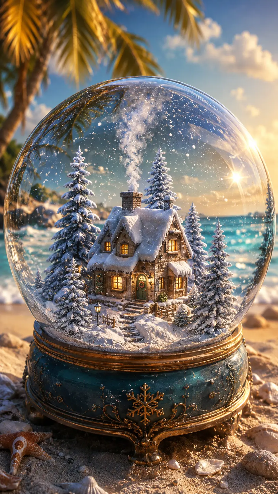 海灘上雪花水晶球裡的溫馨冬季小屋