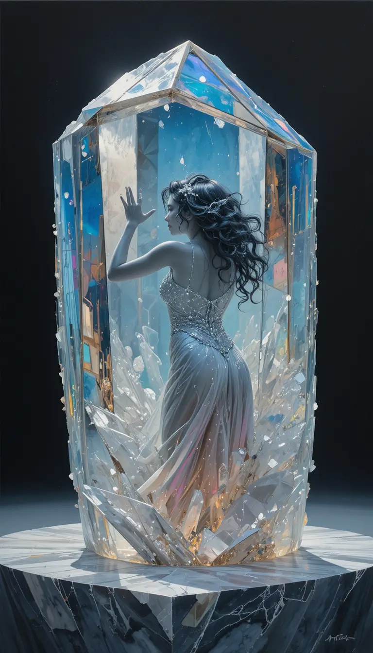 Ethereal woman emerging within a translucent crystal form