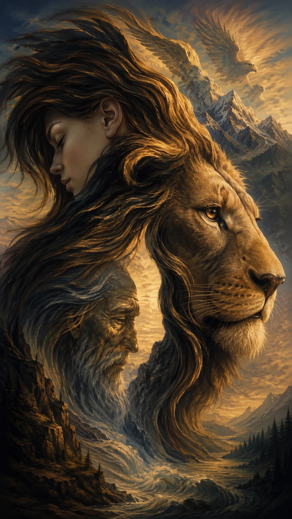 Illusion surréaliste de lion fusionnant visages, cheveux et montagnes