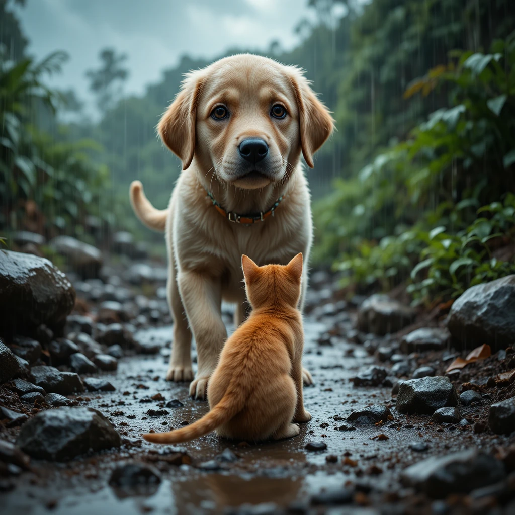 Gatinho e filhote molhados se encontrando em uma trilha de floresta chuvosa