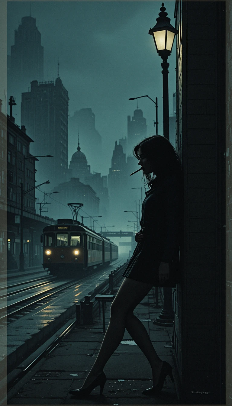 Mulher urbana noir fumando sob um poste solitário